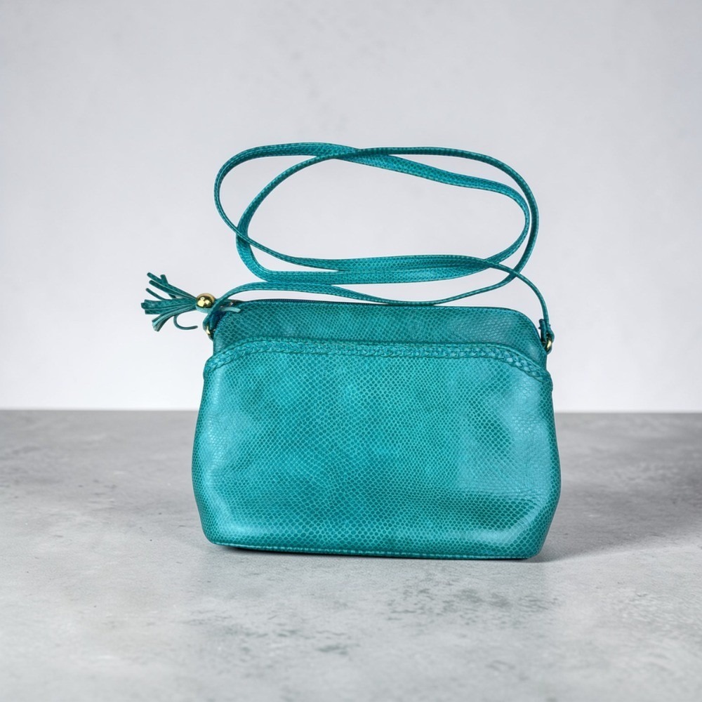 Vintage Ganson Teal Crossbody Bag Pebbled Leather Tassel Zip Made in Hong Kong